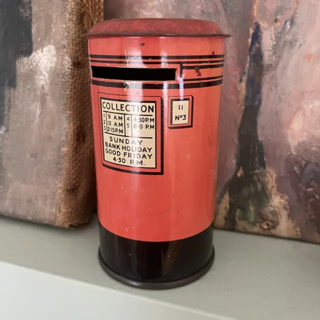 Vintage NATIONAL SAVINGS POST OFFICE Pillar Box Tin Plate Money Box Bank 1950s