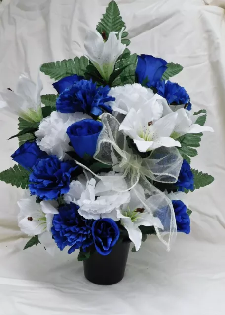 Artificial Silk Flowers Blue Rose Tall Grave/Crem Pot Arrangement Memorial Dad