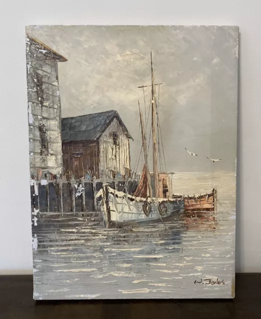 W. Jones Original Oil Painting On Canvas Unframed 16x12 Nautical Boats Seascape