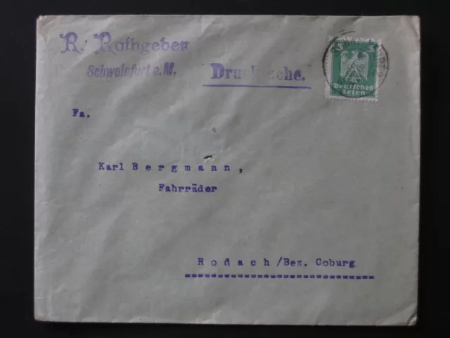 DR Deutsches Reich Beleg Drucksache EF MiNr 356 R. Rathgeber SCHWEINFURT 9.2.26