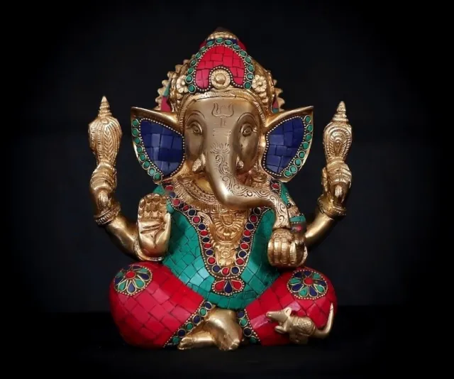 BRASS GANESHA STATUE God Hindu Lord Ganesh Idol Elephant Figurine ...