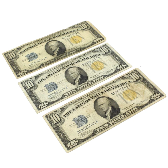 Lot Of 3: 1934-A Us $10 Silver Certificate North Africa Wwii Yellow Seal Cb387-8