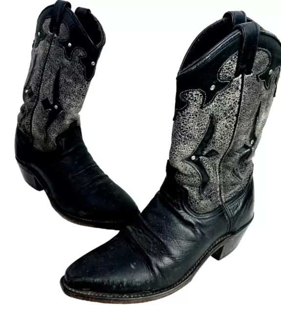 VTG Womens Black Leather CowBoy Western Studded Boots 7M  Mid Calf