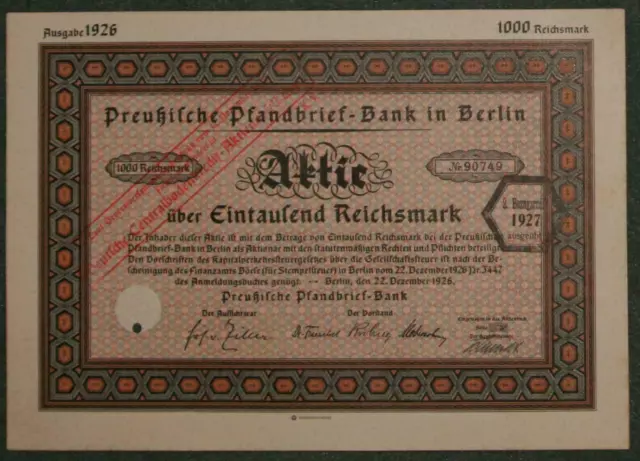 Preußische Pfandbrief-Bank in Berlin 1926 1000 RM