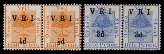 ORANGE FREE STATE 1900 V.R.I. THICK "V" ½d & 3d PAIRS, SG 123/28, MINT, CAT. £24