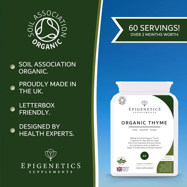 HerbEra Organic Thyme Capsules - 400mg (Thymus Vulgaris) - Choose 60 Or 120 Capsules