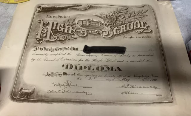 vintage high school diploma 1930s ornate Nacogdoches Texas Large !