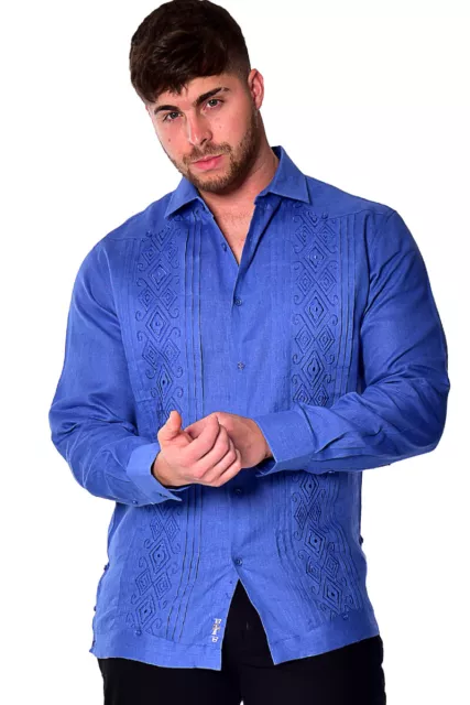 Bohio Men Linen Fancy Guayabera Style Shirt for Men - Royal Embroidered MLFG2034