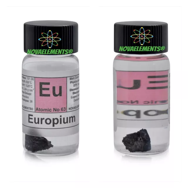 Europium Métal Element 63 Sample 1 Gram 99.99% Pure Piece En Étiqueté Glass Vial