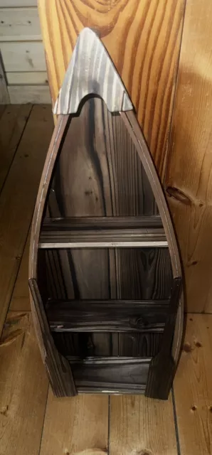 25" Tall Wooden Canoe Shape 3-Shelf Hanging Wall Decor, Red Rowboat, Paddles Oar