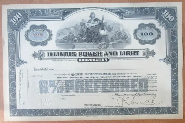 Illinois Power & Light Corporation Stock Certificate for 100 shares