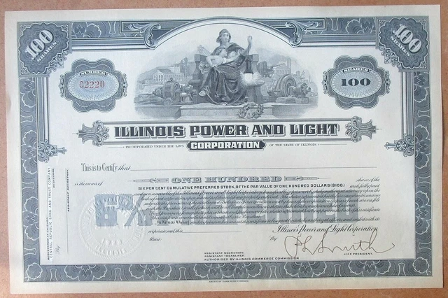 Illinois Power & Light Corporation Stock Certificate for 100 shares