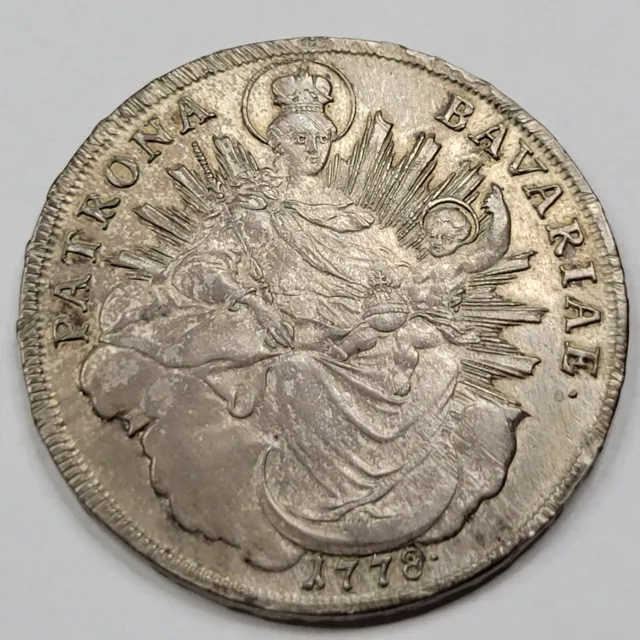 1778 Bavaria 1 Thaler Silver Madonna Taler AU w/ Old Cleaning Silver Crown *D329