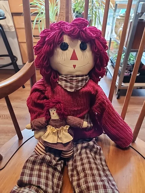 29" Tall Raggedy Ann Cloth Doll With Yarn Hair & Plush Baby Doll Unique Vintage