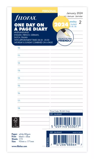 Filofax 24-68442 Personal Kalendereinlage 1Tag/1Seite mehrsprachig 2024