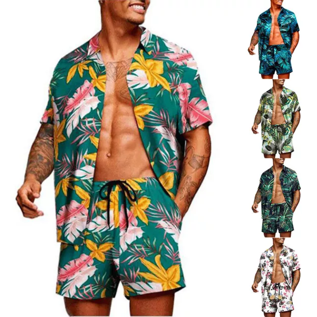 Camicia Hawaiana Da Uomo Con Pantaloncini E 2 Pezzi Casual A Maniche Corte -