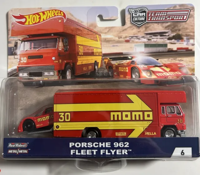 1/64 Hot Wheels Team Transport Momo Porsche 962 & Fleet Flyer Red & Yellow