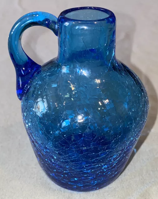 Vintage Cobalt Blue Crackle Glass Jug Bud Vase Hand Blown Applied Blue Handle