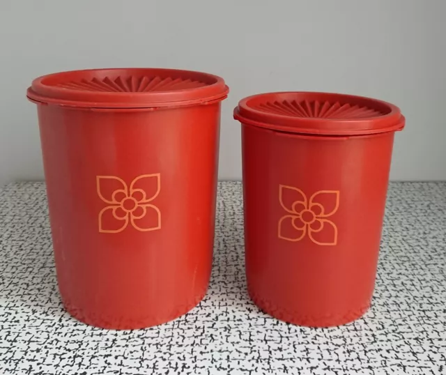 60s 70s Vintage Burnt Orange Tupperware Storage Containers Tubs Fan Lid Sunburst