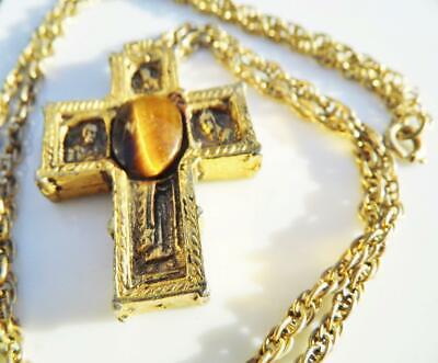 Unusual Gold Plated Cross & Chain Orthodox Religious Crucifix Pendant with Stone