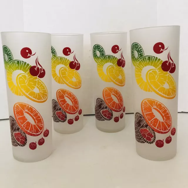 Vintage Original 1950's Federal Frosted Fruits Tom Collins Glasses, Set Of 4.