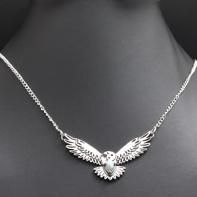 U10696 Natural Larimar Silver Plated Eagle Flying Necklace 16" Gemstone Jewelry