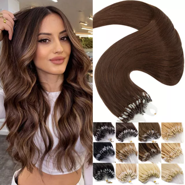 AU 200PCS Thick 100% Micro Loop Ring Remy Human Hair Extensions Nano Beads Brown