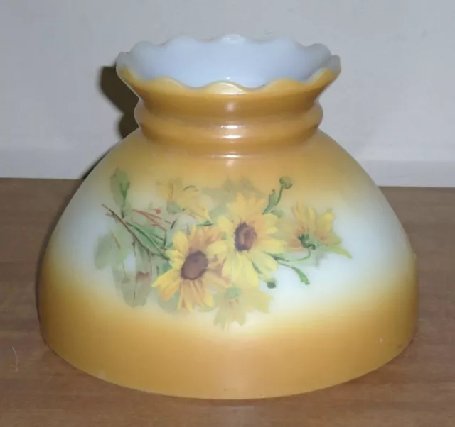 Vtg Glass Hurricane Aladdin Oil Lamp Shade Gold Yellow Daisies Scalloped 8" Fit