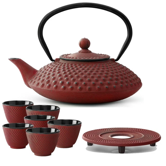Asia Tee Set Teekanne Teesieb 6 Becher Stövchen Teeservice Gußeisen rot 1,25 L
