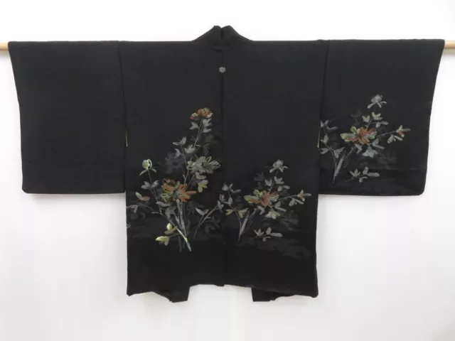 3126T11z530 Vintage Japanese Kimono Silk HAORI Flower Black