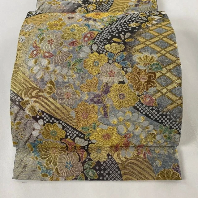 Woman Japanese Kimono Fukuroobi Silk Flower Wave Gold Silver Thread Foil Gray
