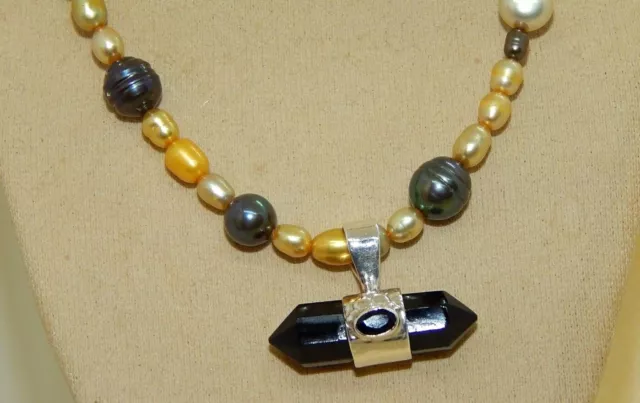 Hand-made Natural Black Onyx 925 Silver Pendant Mixed Freshwater Pearls Necklace