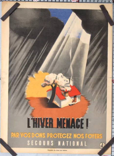 AFFICHE ANCIENNE L'HIVER MENACE  circa 1940-50 SECOURS NATIONAL
