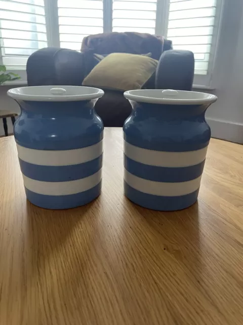 TWO Cornish Ware t g Green Blue & White Storage Jar With Green Shield Stamp