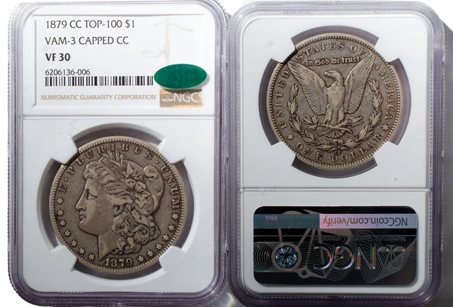 1879-CC Morgan Silver Dollar NGC VF30 VAM-3 Capped Green CAC First Key Variety 1879-CC Morgan Silver Dollar NGC VF30 VAM-3 Capped Green CAC First Key Variety