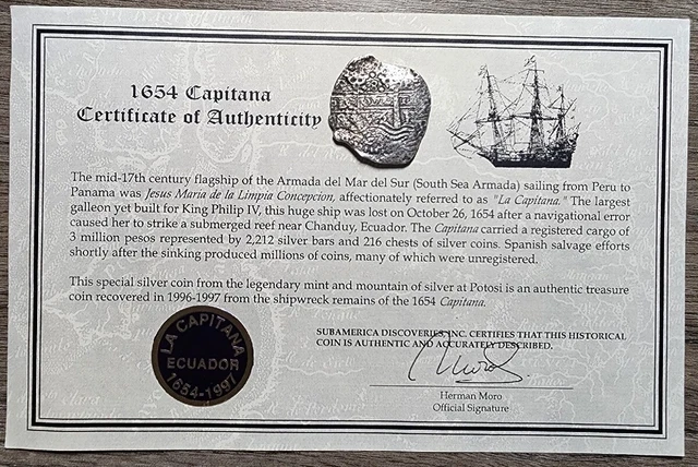 1653 P E PH Bolivia 8 Reales Capitana Shipwreck With COA
