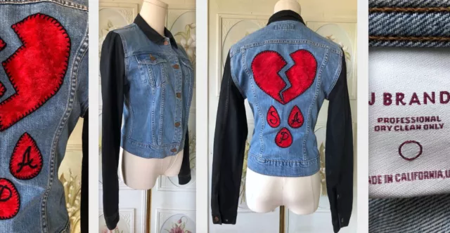 J Brand Usa Blue Denim Jean Jacket Bowie Appliqued Broken Heart Sap Black M Euc