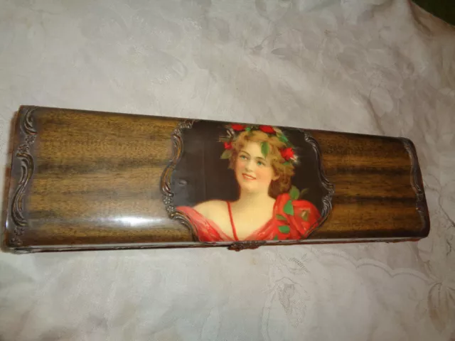 Antique Victorian Christmas Holly Red Girl Portrait Necktie Glove Dresser Box
