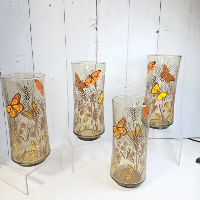 4 Vintage Libbey Juice Glasses Monarch Butterfly Wheat Pattern Amber Brown 2