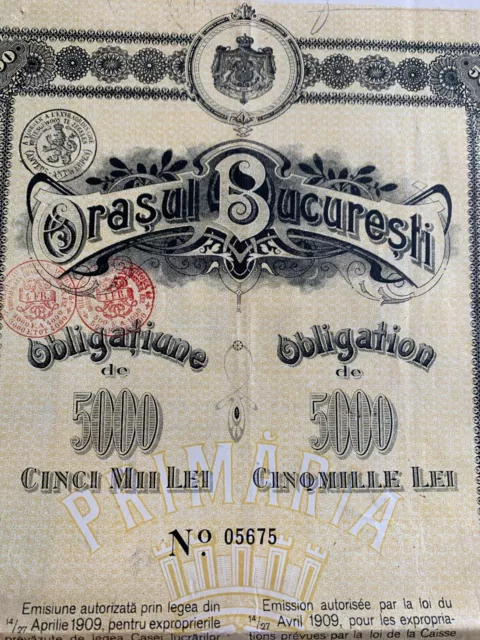 5000 Lei 1910 City of Bucharest Romania Bond Stock Certificate uncancelled