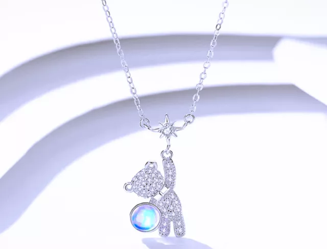 Women Moonstone Bear Pendant Chain Necklace 925 Sterling Silver Plt Jewellery UK 2