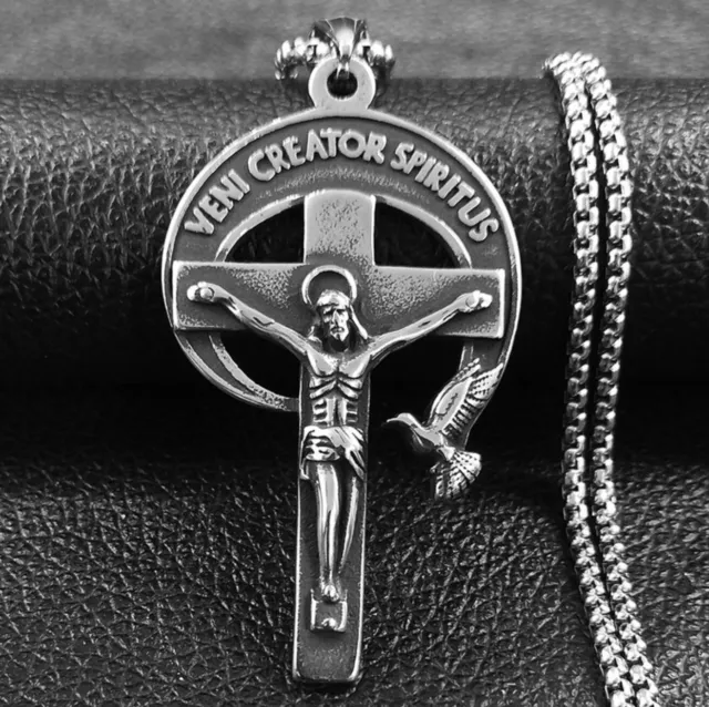 cross with crucifixion of Jesus Christ and Holy Spirit - dove pendant neckless