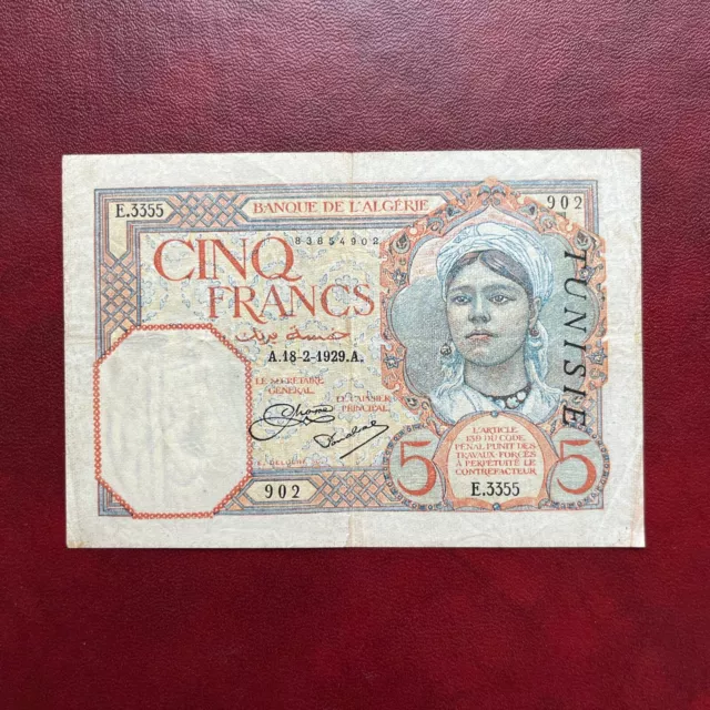 Tunisie billet 5 Francs 1929 Pick08a Série E.3355 Banque de L Algérie