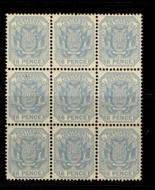 SOUTH AFRICA - Transvaal QV SG210 6d pale dull blue NH MINT. Cat £36. BLOCK OF 9