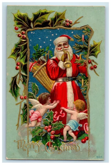 c1910's Merry Christmas Santa Claus Flute Holly Angel Cherub Embossed Postcard