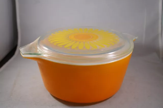 Vintage Pyrex Sunflower Daisy 2 QT #474-B C Casserole Dish Orange Yellow Retro