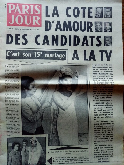 PARIS JOUR  n° 1925 - Lundi 12 Novembre 1965 - Johnny Hallyday-Sylvie Vartan