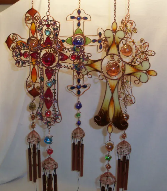 3 Choices Copper Cross W/Glass Gem Windchimes For Garden, Porch, Or Indoor Decor