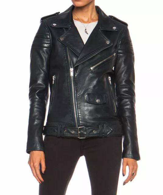 Ladies Women Leather Jacket Black Slim Fit Biker Motorcycle Lambskin