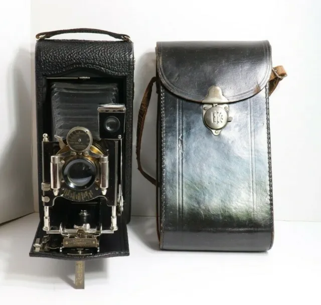 Antigua Cámara De Bolsillo Plegable Kodak No-3A R.r. Lente Modelo-C Con Estuche Excelente Estado